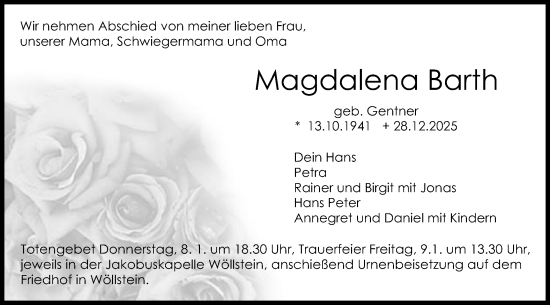 Traueranzeige von Magdalena Barth von Schwäbische Post