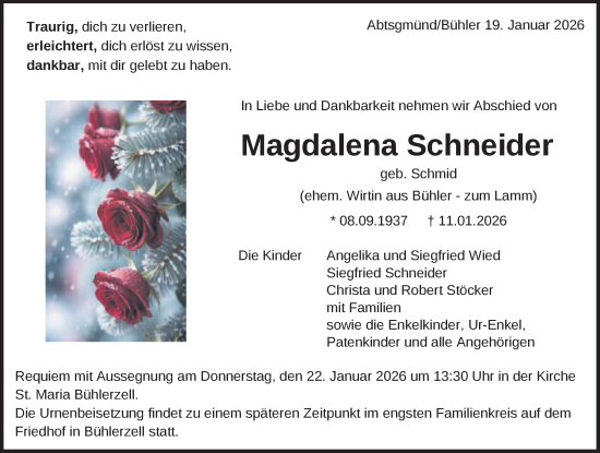 Traueranzeige von Magdalena Schneider von Schwäbische Post
