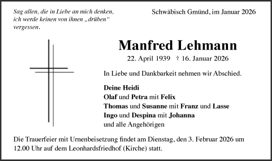 Traueranzeige von Manfred Lehmann von Gmünder Tagespost