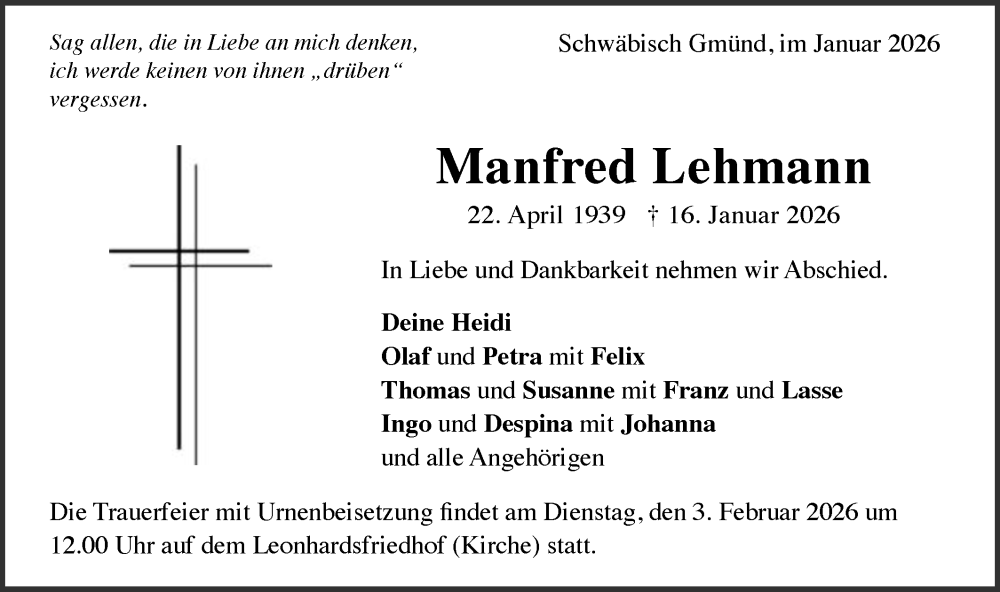  Traueranzeige für Manfred Lehmann vom 30.01.2026 aus Gmünder Tagespost