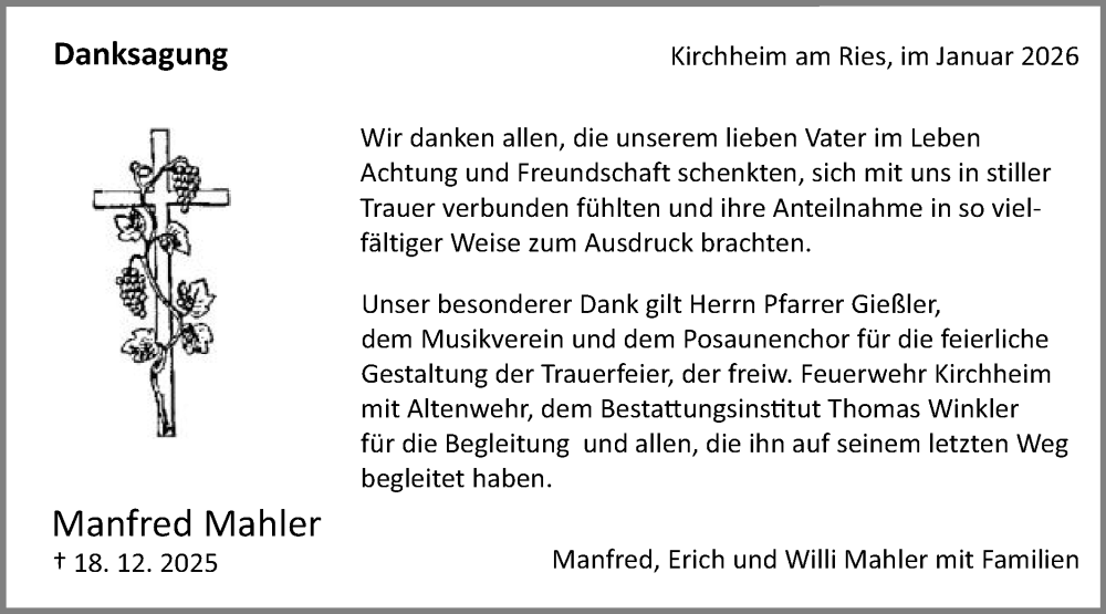  Traueranzeige für Manfred Mahler vom 16.01.2026 aus Schwäbische Post