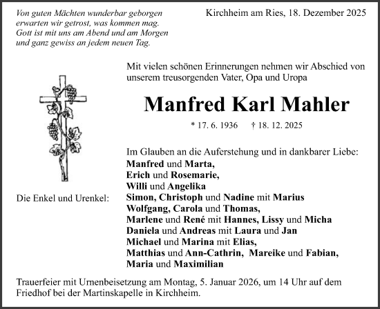 Traueranzeige von Manfred Karl Mahler von Schwäbische Post