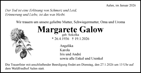 Traueranzeige von Margarete Galow von Schwäbische Post