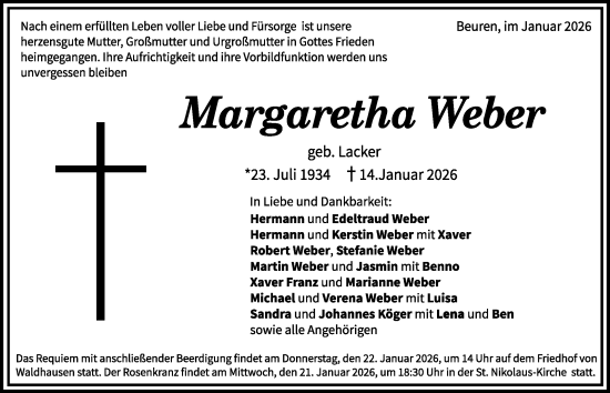 Traueranzeige von Margaretha Weber von Schwäbische Post