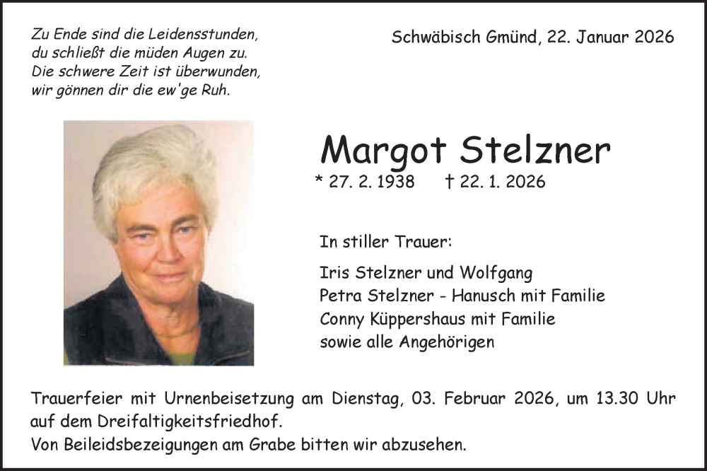  Traueranzeige für Margot Stelzner vom 29.01.2026 aus Gmünder Tagespost