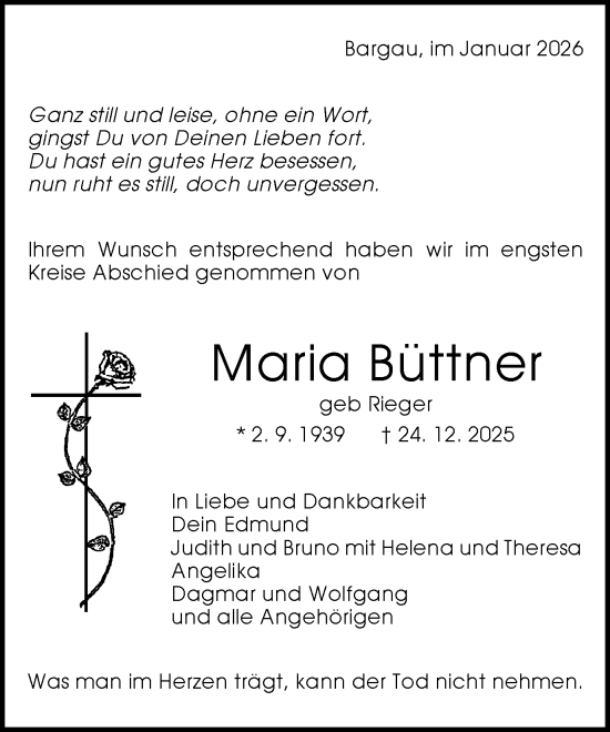 Traueranzeige von Maria Büttner von Gmünder Tagespost