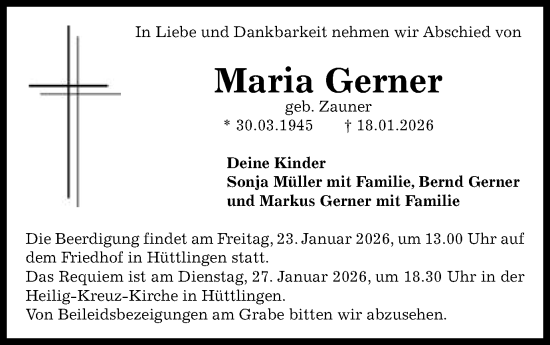 Traueranzeige von Maria Gerner von Schwäbische Post