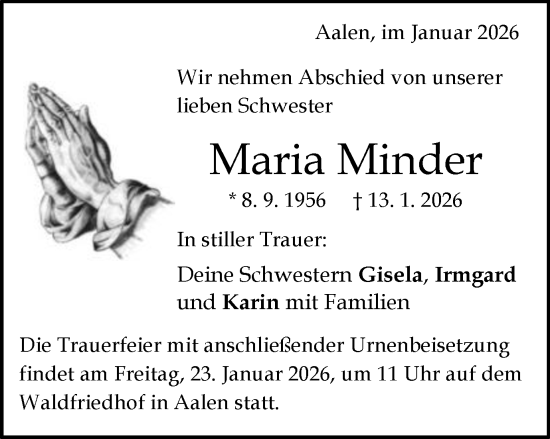 Traueranzeige von Maria Minder von Schwäbische Post