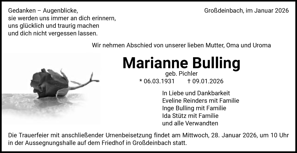  Traueranzeige für Marianne Bulling vom 23.01.2026 aus Gmünder Tagespost