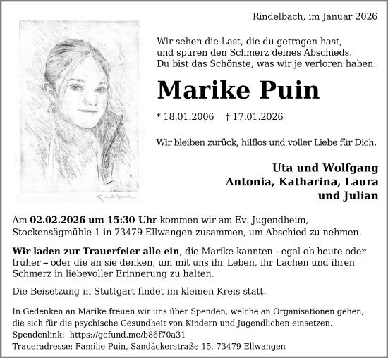 Traueranzeige von Marike Puin von Schwäbische Post