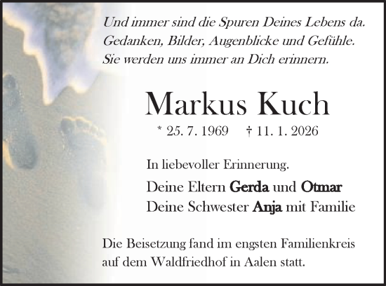 Traueranzeige von Markus Kuch von Schwäbische Post