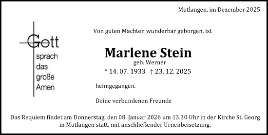 Traueranzeige von Marlene Stein von Gmünder Tagespost