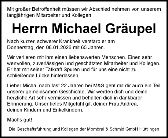 Traueranzeige von Michael Gräupel von Schwäbische Post