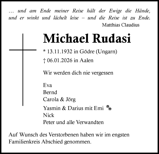Traueranzeige von Michael Rudasi von Schwäbische Post