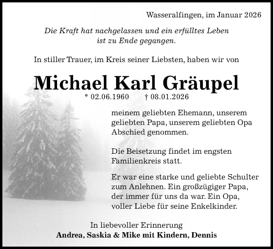 Traueranzeige von Michael Karl Gräupel von Schwäbische Post