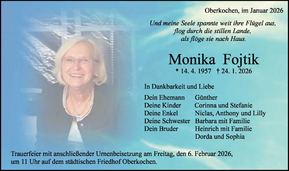  Traueranzeige für Monika Fojtik vom 30.01.2026 aus Schwäbische Post