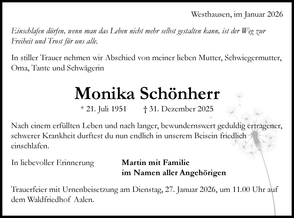  Traueranzeige für Monika Schönherr vom 24.01.2026 aus Schwäbische Post