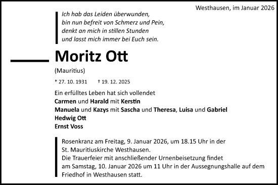 Traueranzeige von Moritz Ott von Schwäbische Post