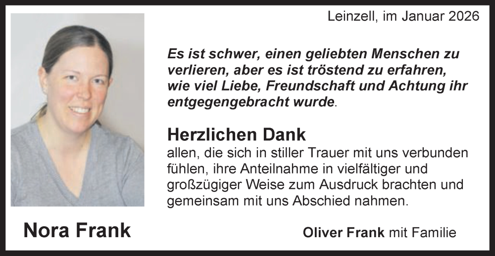  Traueranzeige für Nora Frank vom 05.01.2026 aus Gmünder Tagespost