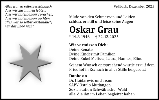 Traueranzeige von Oskar Grau von Gmünder Tagespost