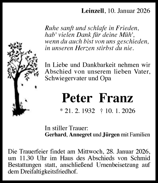 Traueranzeige von Peter Franz von Gmünder Tagespost