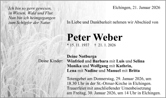 Traueranzeige von Peter Weber von Schwäbische Post