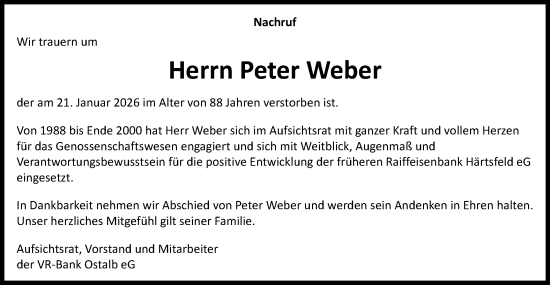 Traueranzeige von Peter Weber von Schwäbische Post