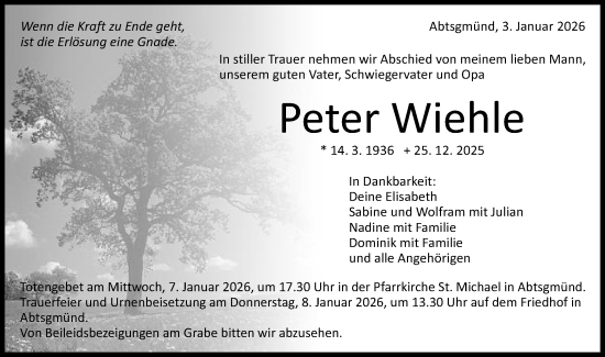Traueranzeige von Peter Wiehle von Schwäbische Post