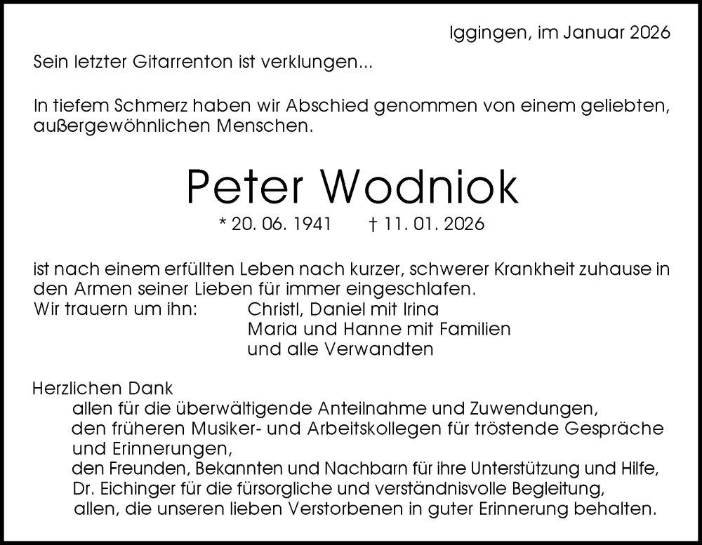  Traueranzeige für Peter Wodniok vom 31.01.2026 aus Gmünder Tagespost