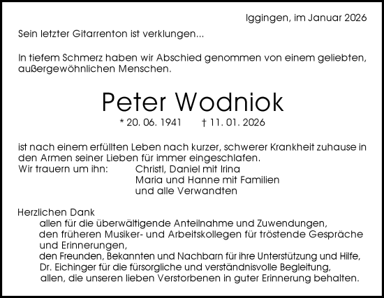 Traueranzeige von Peter Wodniok von Gmünder Tagespost