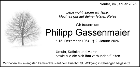 Traueranzeige von Philipp Gassenmaier von Schwäbische Post