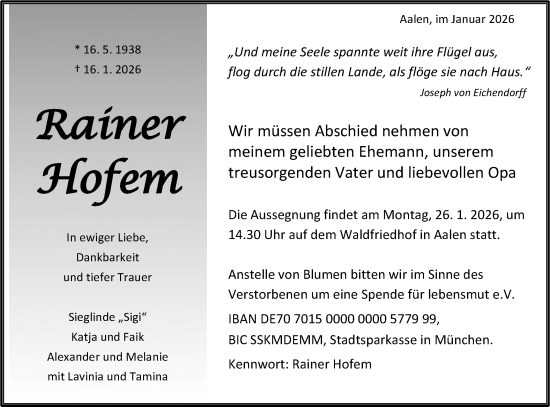 Traueranzeige von Rainer Hofem von Schwäbische Post