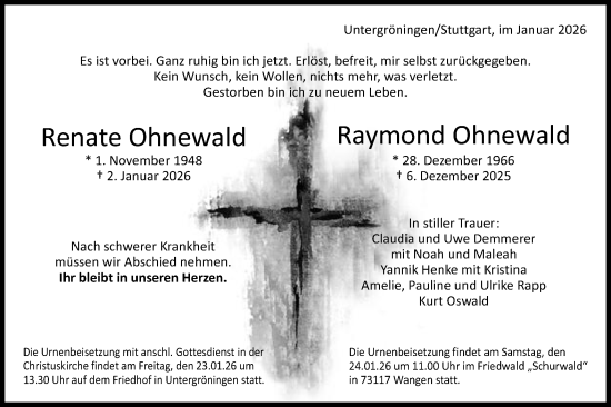 Traueranzeige von Renate   Ohnewald von Gmünder Tagespost