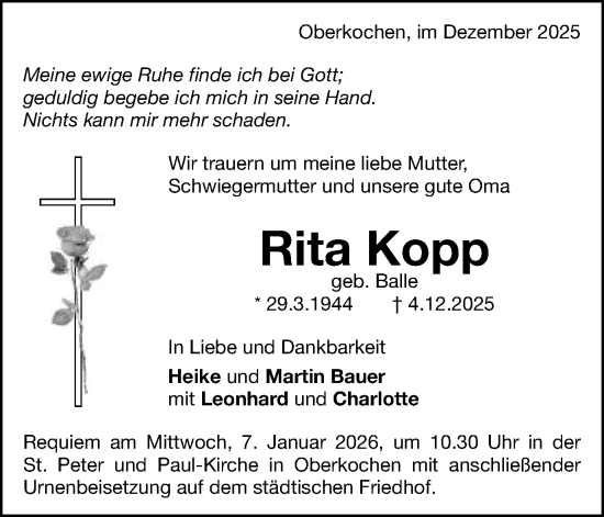 Traueranzeige von Rita Kopp von Schwäbische Post