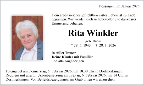 Traueranzeige von Rita Winkler von Schwäbische Post