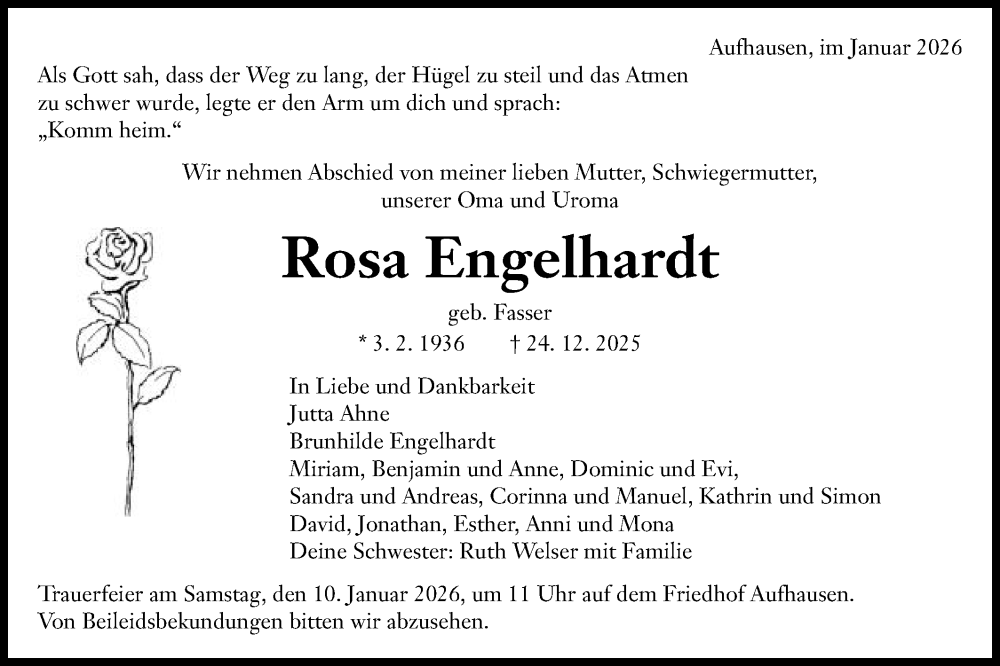  Traueranzeige für Rosa Engelhardt vom 07.01.2026 aus Schwäbische Post