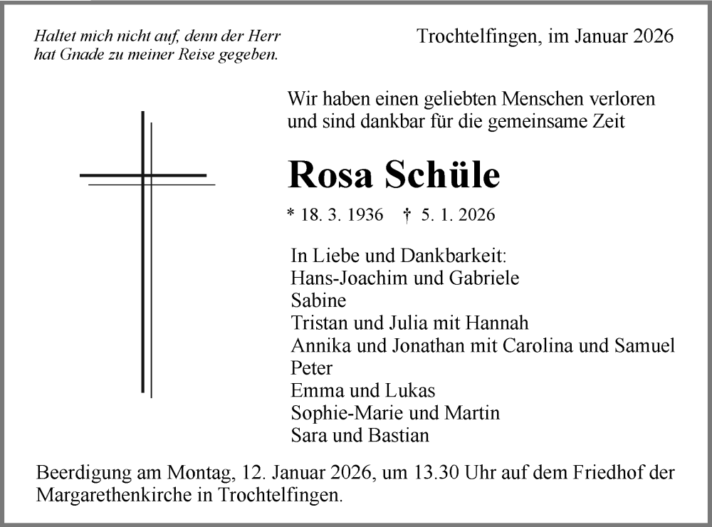  Traueranzeige für Rosa Schüle vom 09.01.2026 aus Schwäbische Post