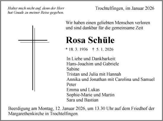Traueranzeige von Rosa Schüle von Schwäbische Post