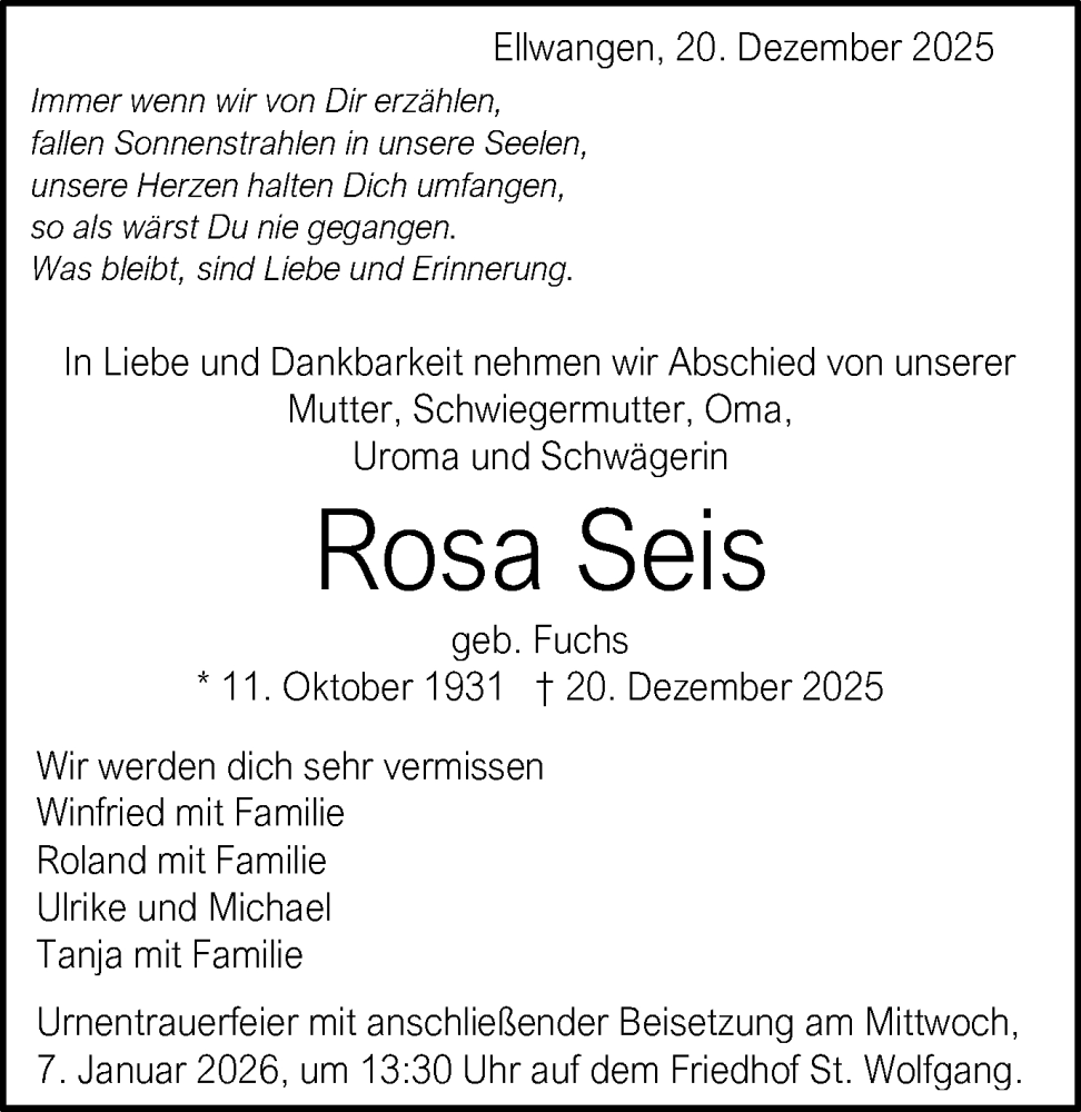  Traueranzeige für Rosa Seis vom 02.01.2026 aus Schwäbische Post