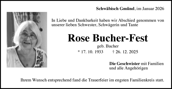 Traueranzeige von Rose Bucher-Fest von Gmünder Tagespost