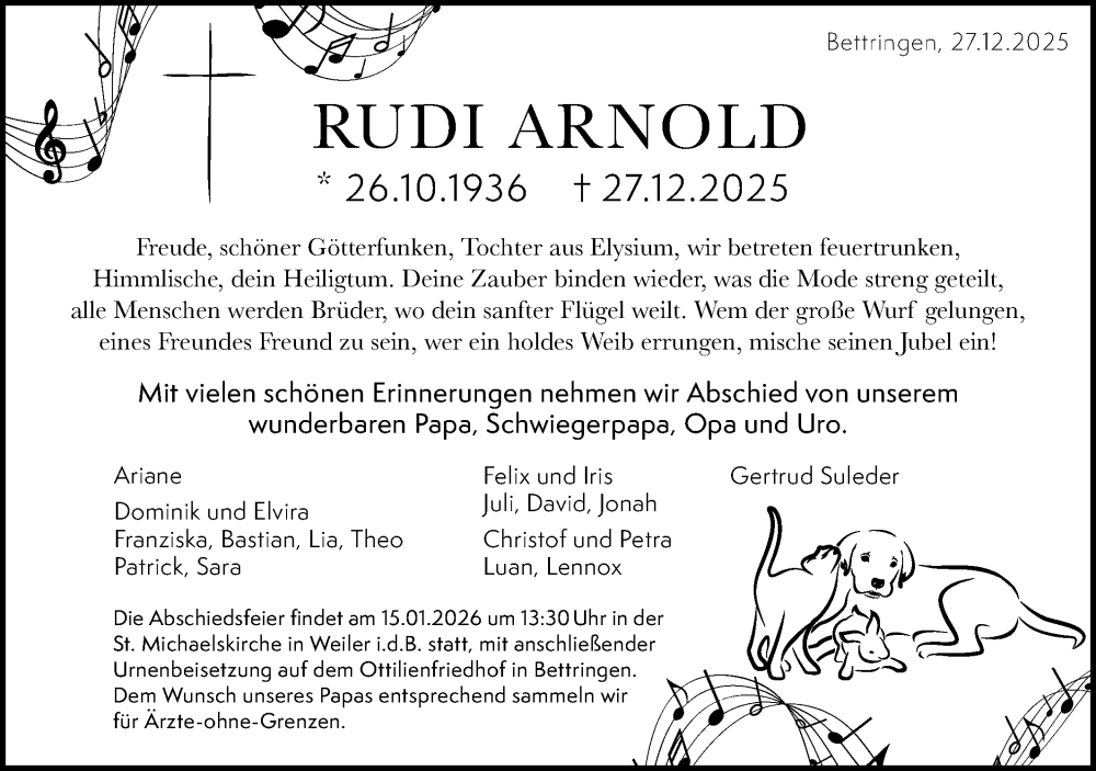  Traueranzeige für Rudi Arnold vom 08.01.2026 aus Gmünder Tagespost
