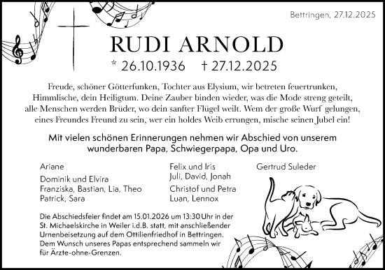 Traueranzeige von Rudi Arnold von Gmünder Tagespost