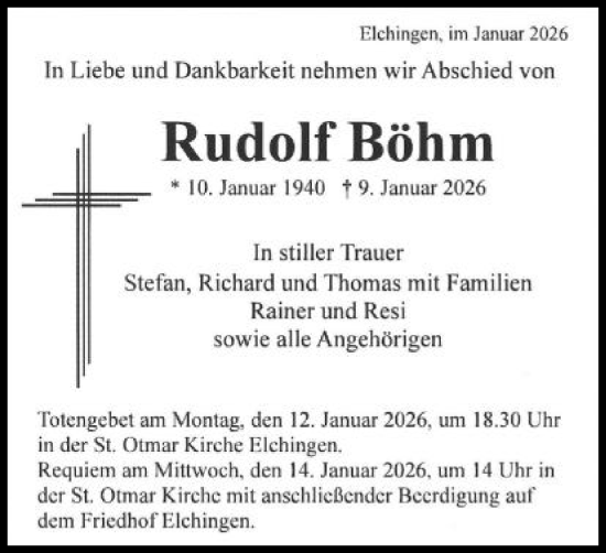Traueranzeige von Rudolf Böhm von Schwäbische Post