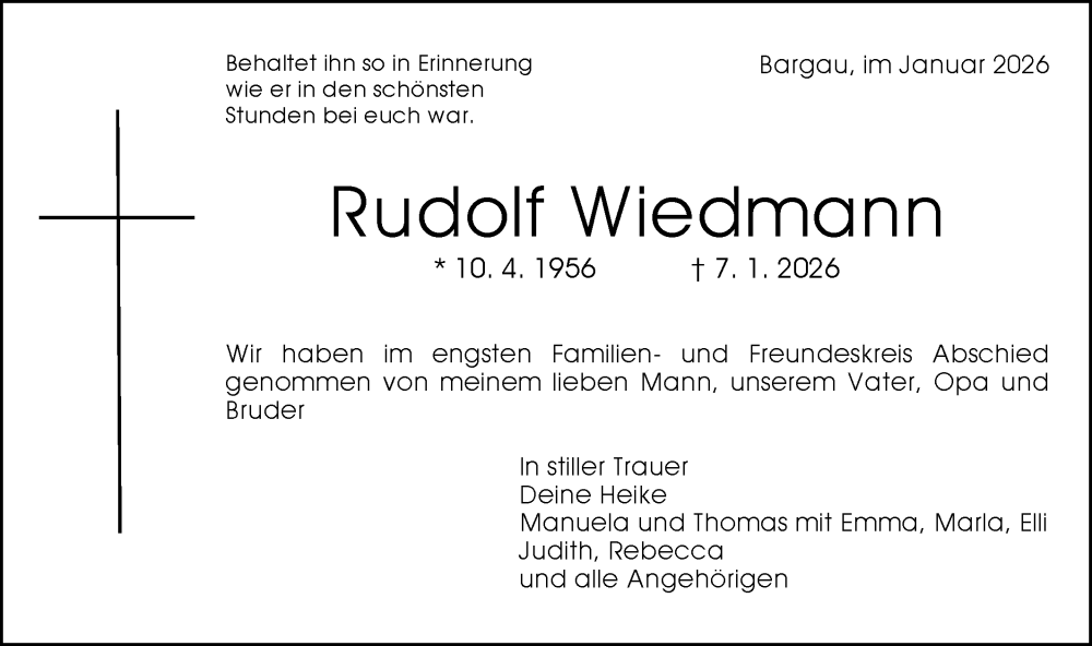  Traueranzeige für Rudolf Wiedmann vom 24.01.2026 aus Gmünder Tagespost