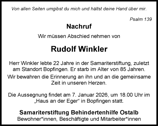 Traueranzeige von Rudolf Winkler von Schwäbische Post
