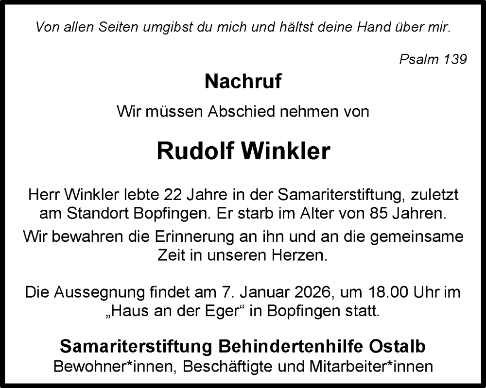  Traueranzeige für Rudolf Winkler vom 03.01.2026 aus Schwäbische Post