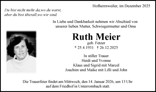 Traueranzeige von Ruth Meier von Schwäbische Post