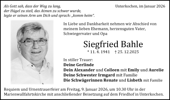 Traueranzeige von Siegfried Bahle von Schwäbische Post