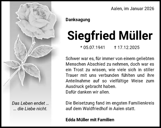 Traueranzeige von Siegfried Müller von Schwäbische Post