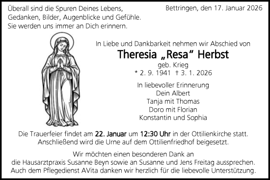 Traueranzeige von Theresia Herbst von Gmünder Tagespost